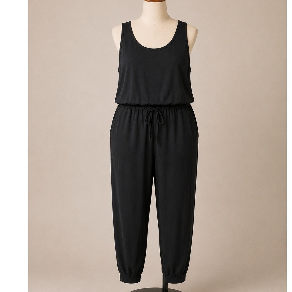 Black Romper 1X Jumpsuit Tank Pockets Romper Jogger Ankle Pants Sleeveless